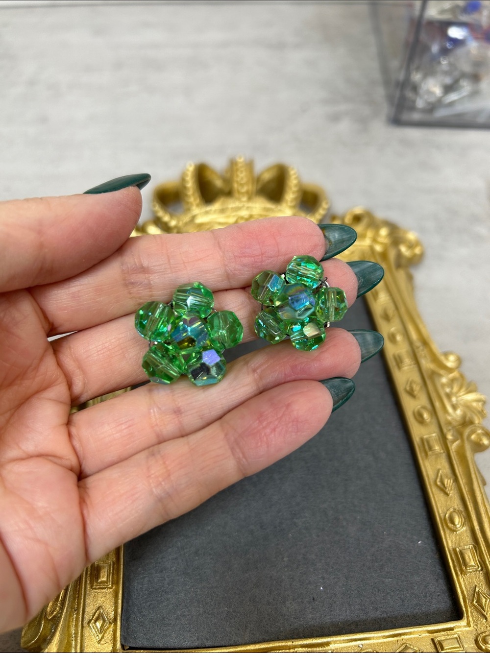 Vintage Green Crystal Cluster Clip-On Earrings - Sparkling Emerald Tone